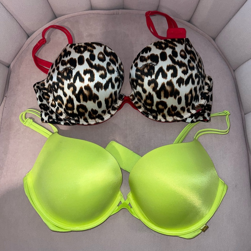 Size 34d Victoria’s Secret bras (push-up) cheetah and lime green